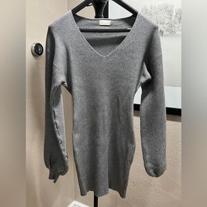 Altar’d State Ribbed V-Neck Sweater Dress Gray Balloon Sleeve